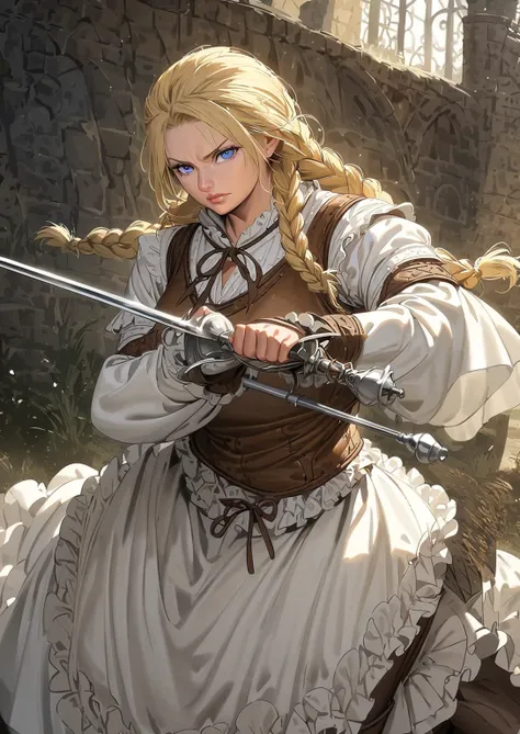 solo female, adult, mature, fantasy, medieval, blonde hair, blue eyes, calm expression, warm expression, shoulder-length hair, swept braids, single braid, brown and white vest, long sleeved vest, gloves, frills, white skirt, frilled skirt, knee-high brown ...