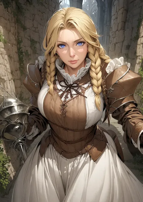 solo female, adult, mature, fantasy, medieval, blonde hair, blue eyes, calm expression, warm expression, shoulder-length hair, swept braids, single braid, brown and white vest, long sleeved vest, gloves, frills, white skirt, frilled skirt, knee-high brown ...