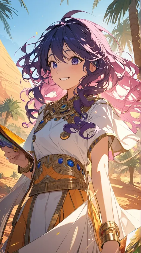  One Girl 、Adventurous look、 bright smile、long curly hair、Egyptian costume、hole々Positive Attitude、 small breasts、Map in hand、  
break、  
  sunrise light  、（  bright colors  :1.2）、 fresh air 、 energetic atmosphere、sense of exploration 、Artistic details、 vib...