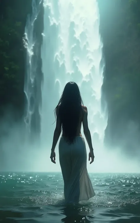 A majestic scene of a mystical waterfall, where an extraordinarily beautiful woman with a proportionate body is bathing. Her long black hair flows down as she gracefully moves in the water. The mist from the waterfall creates a soft and ethereal atmosphere...