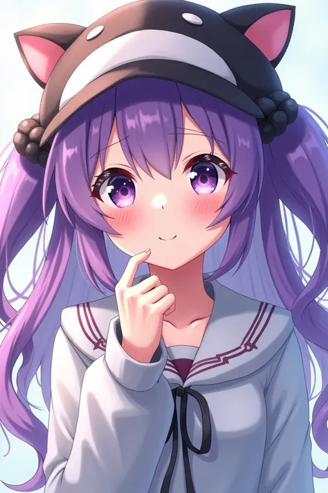 Anime girl with purple hair with two pigtails and Kuromi hat 