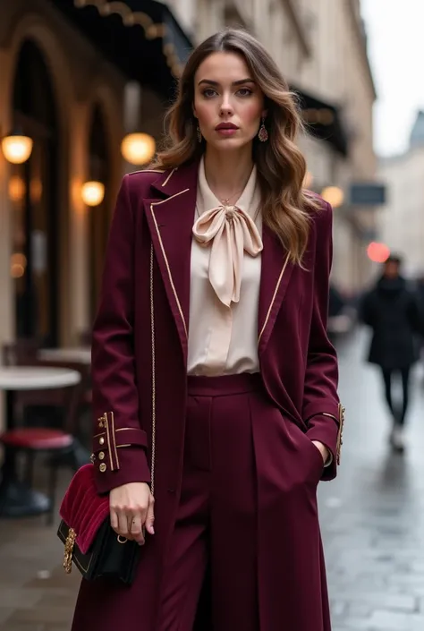 For February as high-end elegant street fashion, the look would exude a romantic yet refined aesthetic. The model wears a tailored, deep plum or rich burgundy wool coat, with a structured silhouette and delicate gold accents along the collar and cuffs, off...