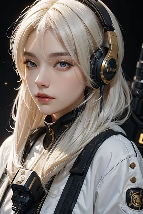 woman，Golden white hair，（ Face ）（  headphones ）,,,Black space suit