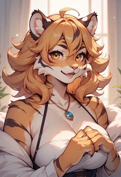   Furry fluffy tiger ,  with yellow eyes square hair white, big boobs , Cute appearance  , reads anime manga  