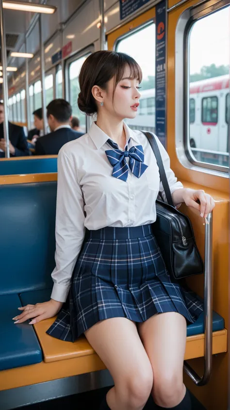 A high school girl masturbates with an indecent expression while touching her pussy on a crowded train