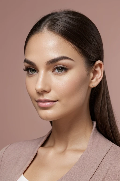 A photo of a 25-year-old woman who has an oval, symmetrical face. The forehead is wide, high and flat. The eyebrows are curved, dark, of medium thickness, located high with pronounced brow arches. The eyes are almond-shaped, green with golden sparks, mediu...