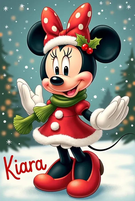 Generate image of Minnie dressed in Christmas-themed clothing with the name Kiara 