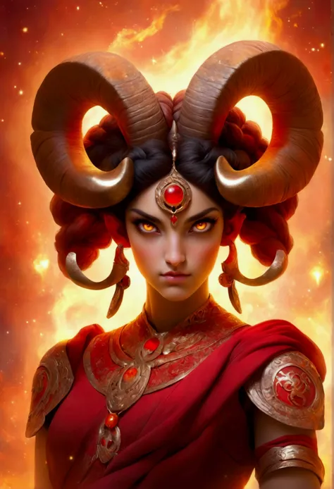 A majestic and ethereal representation of the Aries zodiac sign as a woman. She is fierce, confident, and full of fiery energy, embodying the bold spirit of Aries. Her appearance includes long, flowing hair in shades of red and gold, styled to resemble fla...