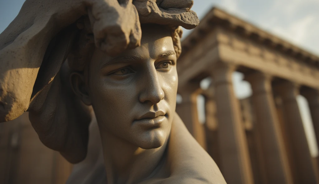 Closeup of a stoic Greek sculpture, virile physiques showcased prominently from the forefront, undeniably reminiscent of a statue of Marcus Aurelius or Zeus, muscle sinews intricately carved in stone, dominant Greek columns obscured gently in the backgroun...