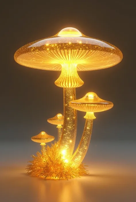 A beautiful radiant mushroom made of glass and ultra detailed 8k gold 