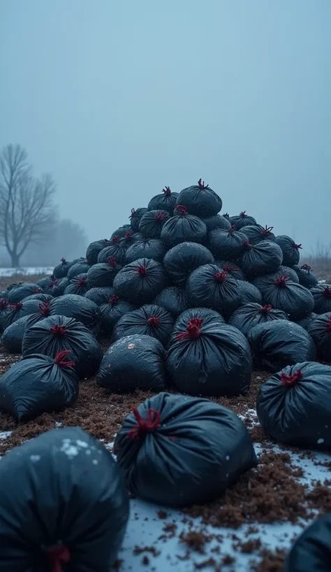  A mound of black trash bags strewn across a field.  blood runs out of the bags. deep twilight , Snow, Snowfall, fog, low view up