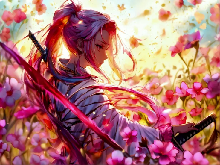  A graceful and determined warrior looking , with long, colorful hair flowing in the wind .  She holds her sword in an elegant battle pose ,  wrapped in a bright pink aura of energy and blossoming flowers.  The backdrop in the background is a flowery field...