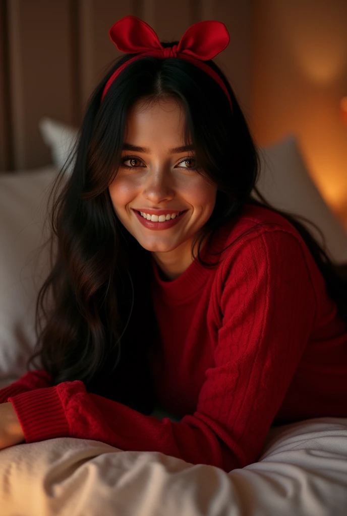 AndreaBrillante , 23 years old,  straight and very long black hair ,  round angelic face ,  shiny skin,  shiny lips , amber eyes,  Natural makeup , amber eyes angelicais grandes,  sleepy and fluffy .  Wearing a sexy red lace sweater , In her hair a little ...