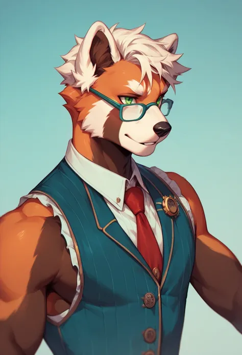 a male red panda, with glasses, green eyes, fit, blue knit vest, steampunk, no background, white backgound