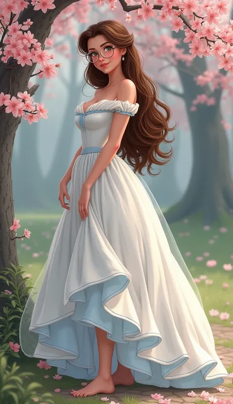 Nude Belle, Disney 2D, 1 lady only, /(White dress with light blue details/), /(brown hair, very long and big curls/) high grade round glasses, blush slightly smile, hazel eyes (masterpiece best quality:1.2) ultra-detailed delicate illustration, showing her...