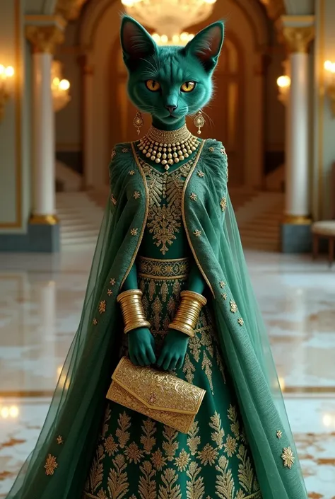 Imagine a sophisticated anthropomorphic female cat with realistic fur texture, wearing a traditional Indian bridal lehenga in midnight green with intricate gold embroidery. She is adorned with heavy gold jewelry, including a necklace, earrings, and bangles...