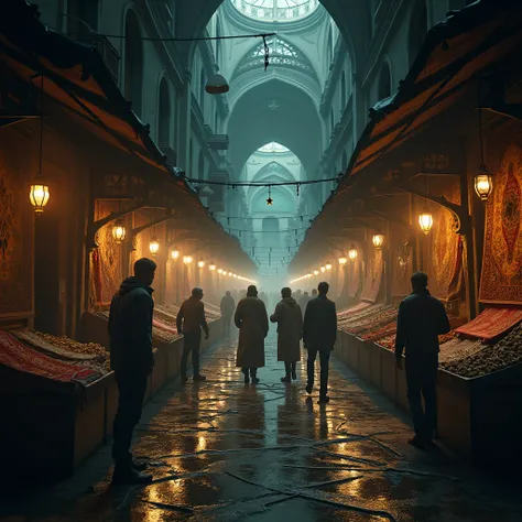 "A hyperrealistic 8K depiction of Istanbuls Grand Bazaar in a post-apocalyptic setting. The maze-like corridors are dimly lit, with shattered lanterns casting eerie shadows on the walls. Stalls are overturned, and ancient carpets and artifacts are strewn a...