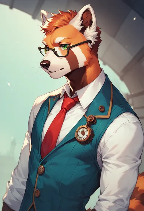 a male red panda, with glasses, green eyes, fit, blue knit vest, white shirt, red tie, steampunk, no background, white backgound