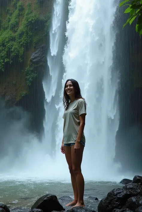 Draw a woman ,  which stands under the majestic waterfall .  Water with a roar falling down ,  forming a cloud of spray and mist around her .  She stands on black stones ,  shining from moisture .  Her wet hair streams down her shoulders ,  and a happy smi...