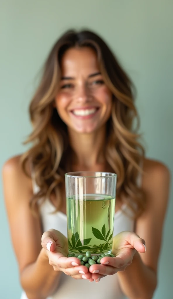  Picture of a woman with a glass of water and Moringa capsules in her hand to drink, smiling and feeling well 98365442 
