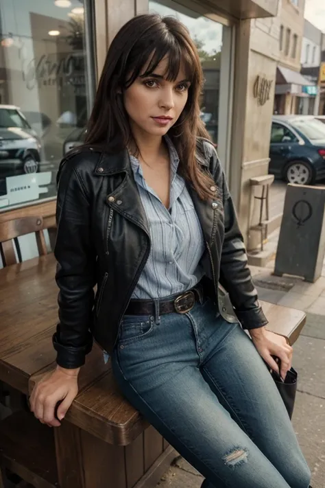 Mature woman, full body, standing, long dark brown hair with bangs, green eyes with black makeup, she is wearing a blue and white striped button down shirt underneath her favorite black leather jacket. Jeans ripped at the knees cover black boots. She is le...