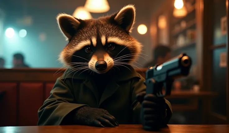 A very real portrait of an anthropomorphic gangster raccoon in a cafe with a gun, shot on cinestill 800t 35mm film with a leica m9 Voigtländer 35mm classic, key visual, distopian lighting, character design, cinematic colorgrade, highly detailed fabric, sub...