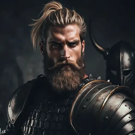  make a Viking warrior , monarch,  tired and bruised , After combat ,  with an axe attached to his hip along with a Viking helmet, a heavy and sturdy metal armor,  blonde hair  ,  lumberjacks long beard ,  background of a destroyed temple ,  raising the he...