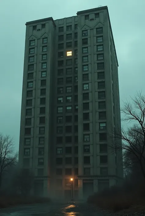 Realistic image of a tall building Broken windows turned off only a light on film filter 