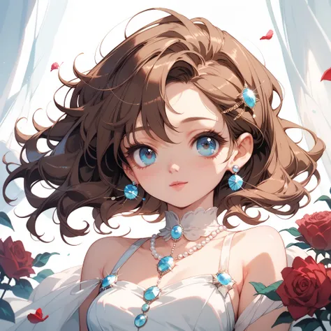a slender woman sitting around roses((small breasts)), white dress, long brown hair, blue eyes, cute face, portrait, earrings made of pearl, contempting gaze, serenity, soft light