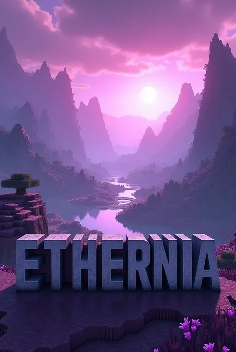 A minecraft server banner, featuring mostly a purple landscape of a world, and in the foreground a gray text of ETHERNIA 