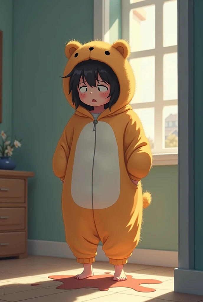 An illustration of a person standing in a kigu-onesie with no visible zipper, in a slightly embarrassed and awkward posture. Their legs appear shaky and are buckling slightly as if struggling to maintain balance. A noticeable wet stain is spreading on the ...