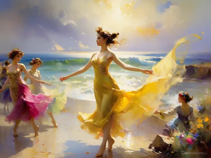 painting by Pino Daeni, illustrating a whimsical scene where eyes & ears are personified, participating in a dance of perception. The background, a dreamy landscape with swirling colors, represents sound waves & the characters, with expressive features, em...