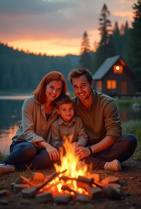  Mom with red hair , with a bob haircut . a little plump.   Dad with small bristles ,  and son sit happily around the campfire . hugging. Barbecue is fried.  with a lakeside house in the background, the forest, Sunset.