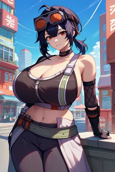 score_9, score_8_up, score_7_up, score_6_up, source_anime, 1girl, solo,  zzzGrace, black hair, ahoge, short ponytail, goggles on head, choker, black crop top, cleavage, sleeveless, detached sleeves, asymmetrical gloves, belt, black pants, looking at you, s...