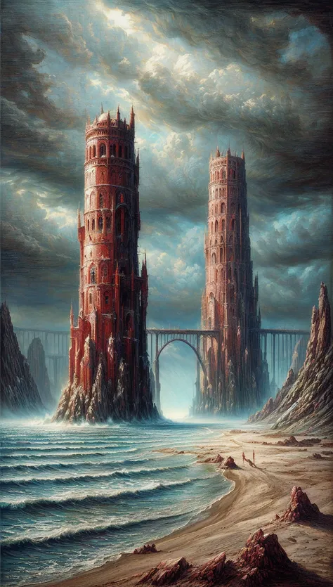 painting of two red towers on a cliff overlooking the ocean, symmetrical epic fantasy art, peter gric and dan mumford, beksisnski, surreal concept art, matte fantasy painting, inspired by tomasz alen kopera, fantasy architecture, symmetrical fantasy landsc...