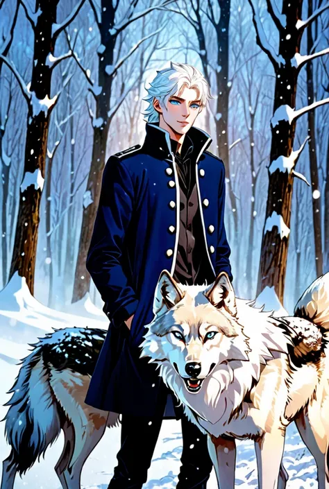  High definition , quality,  A tall guy ,  light blue eyes,  white hair , cheekbones,  sharp chin ,  pale skin vomited, pumped up, snow prince , ,  two white , huge ,  wolves on the sides ,  background blurred forest , ate,  snow , Night, snowflakes are fa...