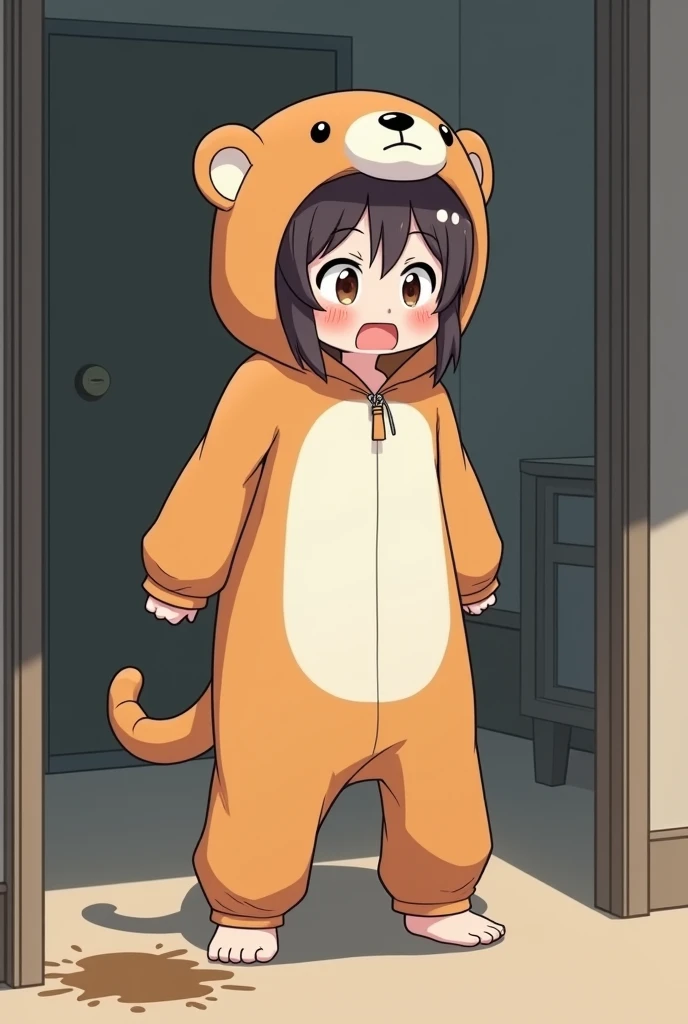 An illustration of a person standing in a kigu-onesie with no visible zipper, in a slightly embarrassed and awkward posture. Their legs appear shaky and are buckling slightly as if struggling to maintain balance. A noticeable wet stain is spreading on the ...