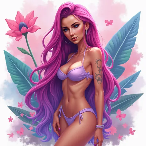 A stunning image with the theme of visual identity, a logo using creative writing with a russian female DJ with long pink and purple hair, looking at the camera, bikini, abstract, watercolour, digital, pastel, drybrush, caricature
