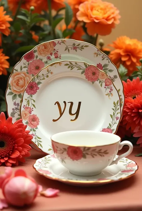 「Y.CHERISH」Marked tableware gold logo letter eversummer flower pattern luxury plate