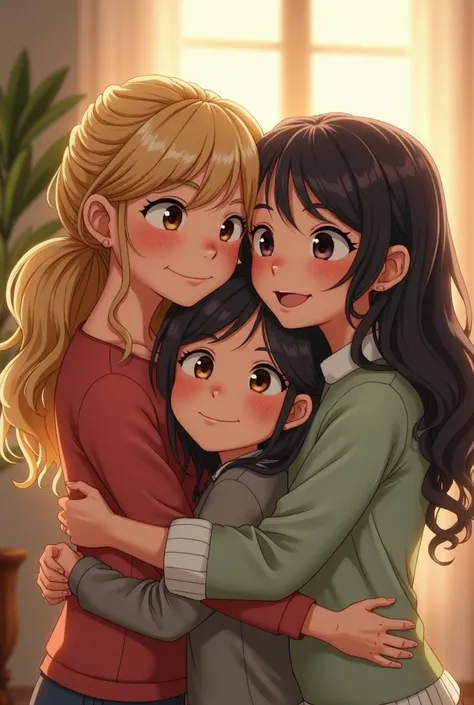 A fair-skinned blonde girl ,Another girl with dark brown skin and black hair and another girl with dark brown hair and fair skin hugging each other 