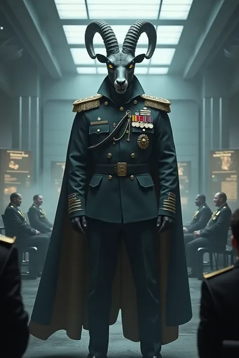 Create an army general who wears the mask of a goat 