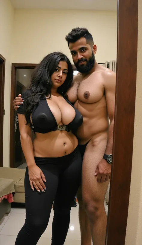 tall hot slim skinny healthy fit body dark black skin toned south indian dark skin curvy girl with long black hair, woman wearing cleavage t-shirt and legging, dark skin indian rugged man with short hair and full beard wearing underwear in bedroom, full bo...