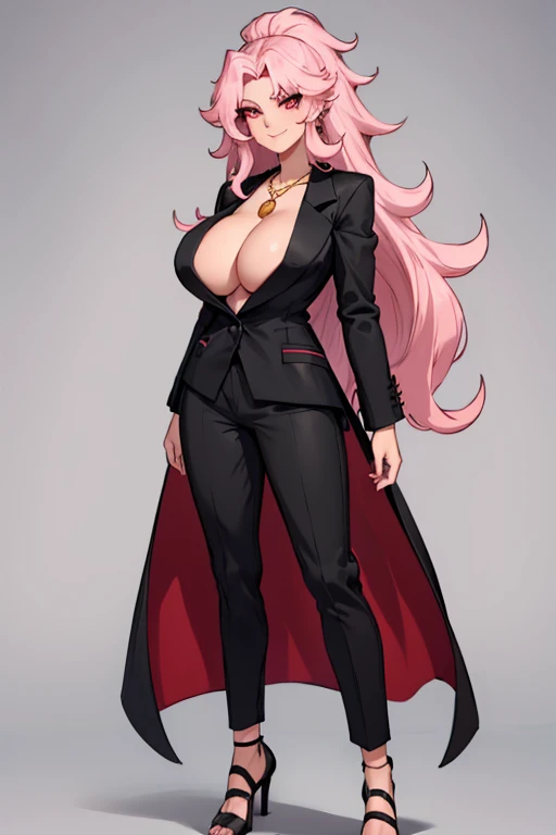 female, silver messy long hair, red eyes, tanned skin, (((1girl))), (((black blazer))), (pink shirt), (black dress pants), (black heels), (necklace with gold pendant), cute and sexy, full body, huge breasts, long legs, smiling, cleavage, NSFW,