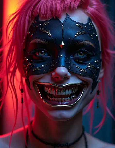 Portrait: Expressive Digital Drawing. Absolute ISO Resolution. Zoom In On A Perfect Anatomy wearing black metalic half  ornament evil mask. On Immaculate Decorative Gold Grillz On Fangs Anatomy Sharpened Canines White Silver. FuchSia Iris Injected Deep Pup...