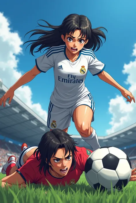 Womens soccer player real madrid kicking manchester united opponent at leg being injured by this and grimaces on grasd on her leg. Grass stadium, anime manga big eyes saint seiya style. Adidas soccer white, bluesky, pink, shoes