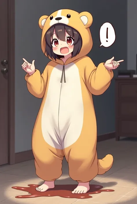 An illustration of a person standing in a kigu-onesie with no visible zipper, in a slightly embarrassed and awkward posture. Their legs appear shaky and are buckling slightly as if struggling to maintain balance. A noticeable wet stain is spreading on the ...