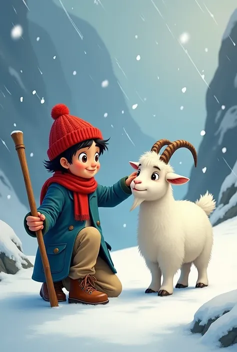 A  boy named Ahmed with a round face, dark brown eyes, medium-length black hair under a red woolen hat. He wears a blue jacket, a red scarf, beige pants, and sturdy brown boots. He carries a wooden stick.A fluffy white goat named Gulabi, medium-sized with ...