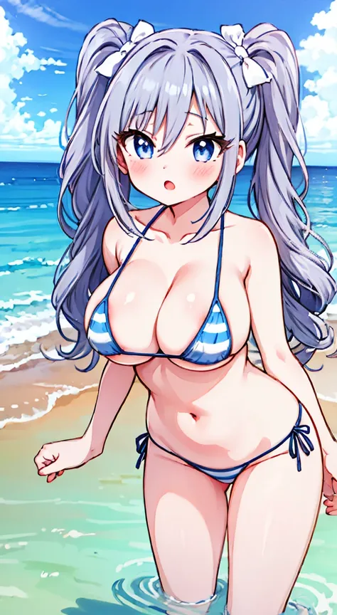 side tie panties,blush, full-face blush,masterpiece, highest quality, (anime screencap:1.3),(shape), cute,(simple:1), (anime:1.2),Solo Sharp Focus, 1 girl, cleavage,looking at the viewer, Ocean,Japan"Okinawa,Are standing,,(NSFW:1.2),micro bikini,pastel col...