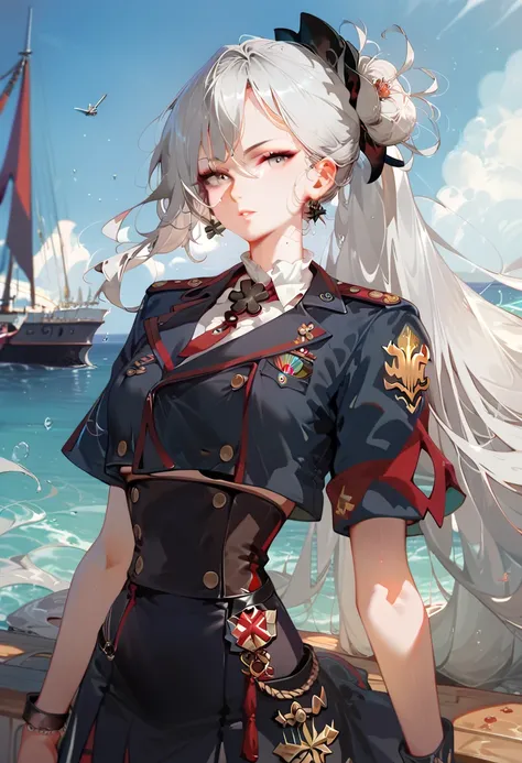 （ Masterpiece ,ring（ ship this）,Gray Hair, very long hair,Waist-length hair）,uniform,A girl about , No Emotion