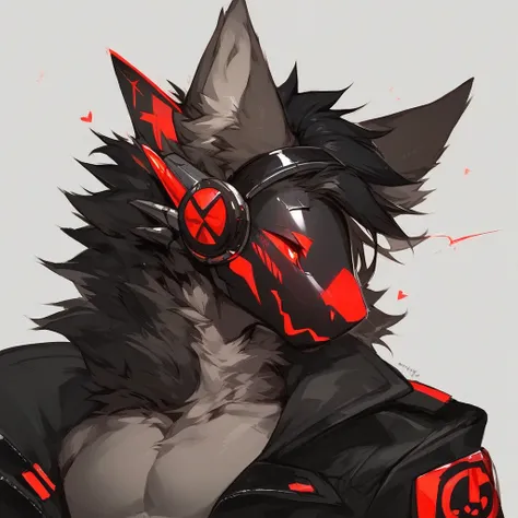 (Head Shot), (ExpressiveH), score_9, score_8_up, score_8, athletic, anthro, solo, femboy, Robotic body, black metal, red protogen, black visor, black jacket, black hair,